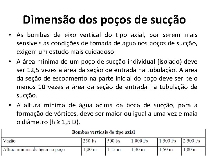 Dimensão dos poços de sucção • As bombas de eixo vertical do tipo axial,