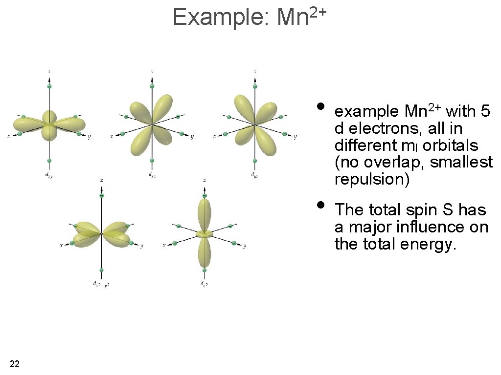 Example: Mn 2+ • example Mn 2+ with 5 d electrons, all in different