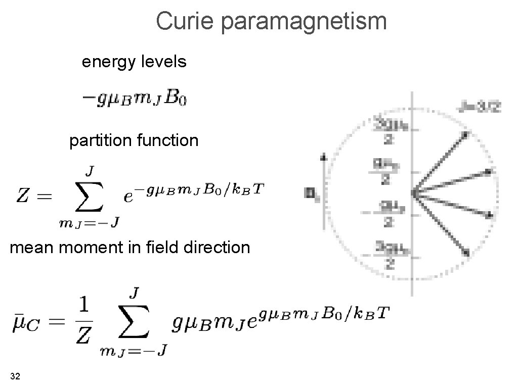 Curie paramagnetism energy levels partition function mean moment in field direction 32 