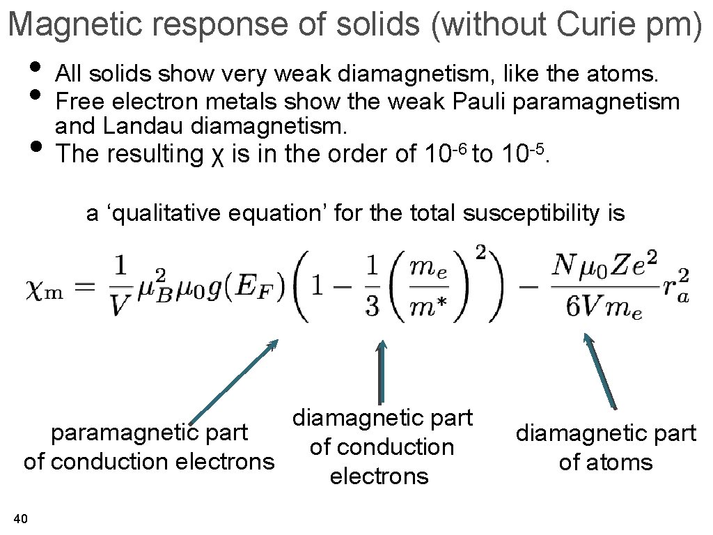 Magnetic response of solids (without Curie pm) • All solids show very weak diamagnetism,