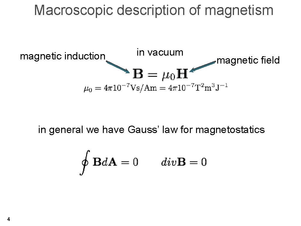Macroscopic description of magnetism magnetic induction in vacuum magnetic field in general we have