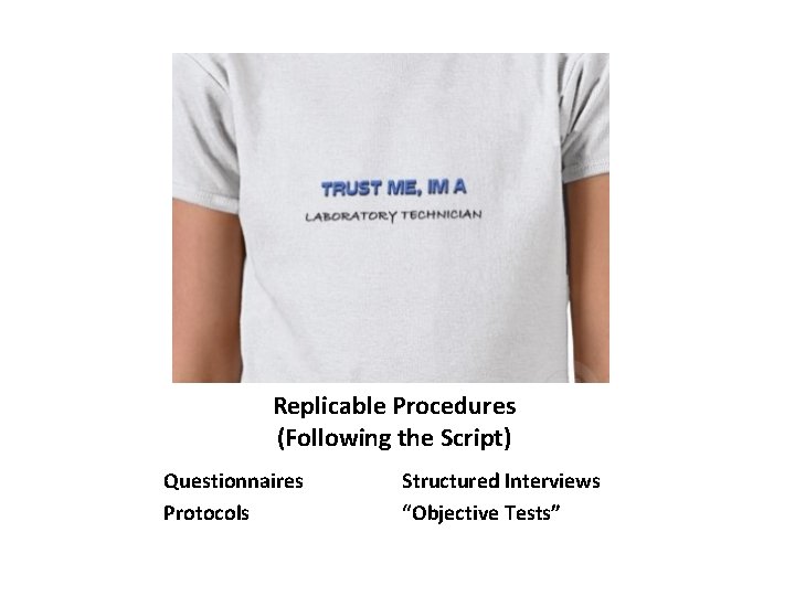 Replicable Procedures (Following the Script) Questionnaires Protocols Structured Interviews “Objective Tests” 