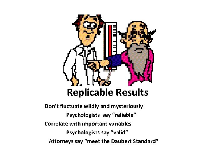 Replicable Results Don’t fluctuate wildly and mysteriously Psychologists say “reliable” Correlate with important variables