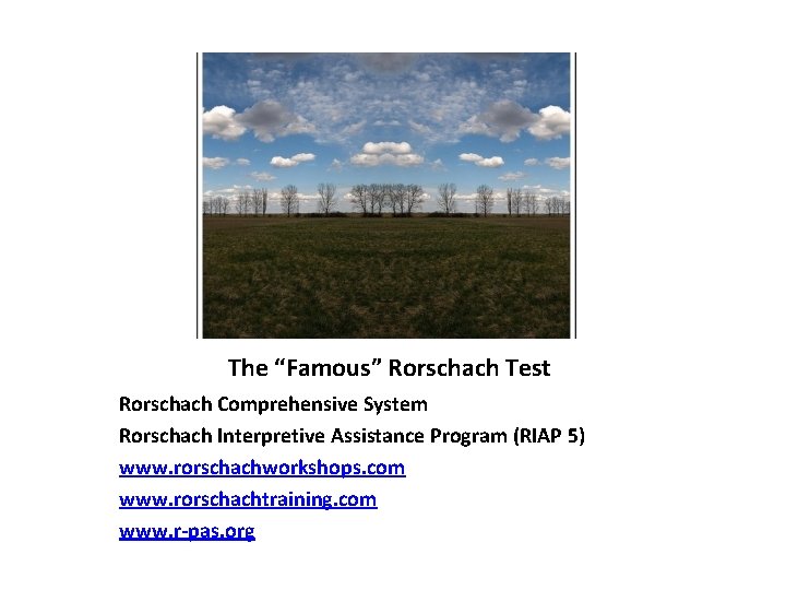The “Famous” Rorschach Test Rorschach Comprehensive System Rorschach Interpretive Assistance Program (RIAP 5) www.