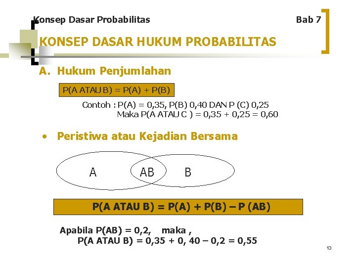 Konsep Dasar Probabilitas Bab 7 KONSEP DASAR HUKUM PROBABILITAS A. Hukum Penjumlahan P(A ATAU