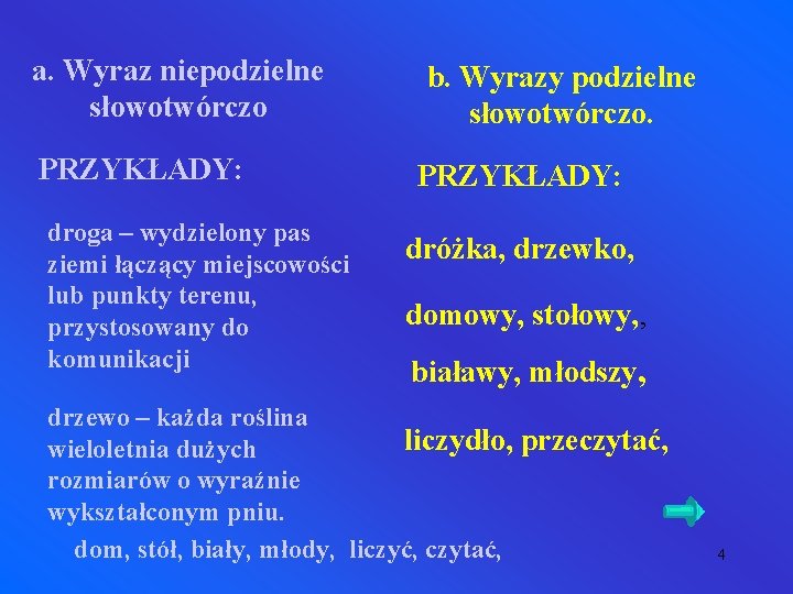 a. Wyraz niepodzielne słowotwórczo b. Wyrazy podzielne słowotwórczo. PRZYKŁADY: droga – wydzielony pas ziemi