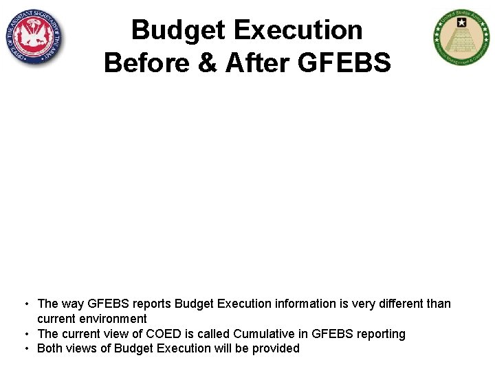 Budget Execution Before & After GFEBS • The way GFEBS reports Budget Execution information