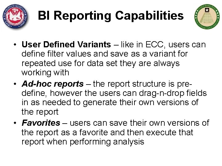 BI Reporting Capabilities • User Defined Variants – like in ECC, users can define