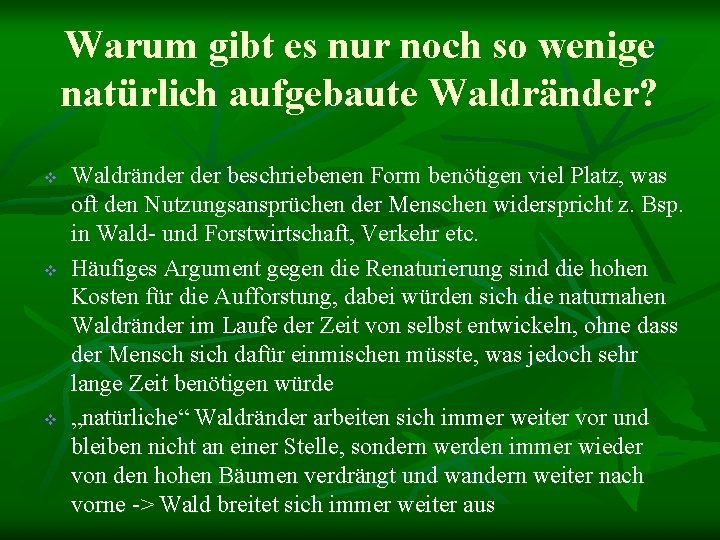 Warum gibt es nur noch so wenige natürlich aufgebaute Waldränder? v v v Waldränder