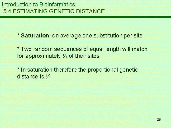 Introduction to Bioinformatics 5. 4 ESTIMATING GENETIC DISTANCE * Saturation: on average one substitution