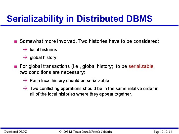 Serializability in Distributed DBMS Somewhat more involved. Two histories have to be considered: local