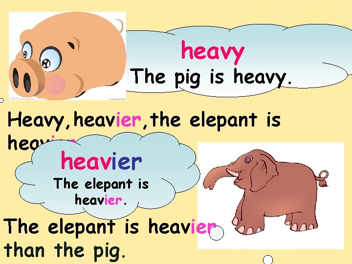 heavy The pig is heavy. Heavy, heavier, the elepant is heavier The elepant is