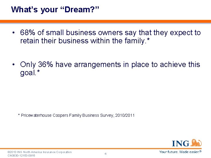 What’s your “Dream? ” • 68% of small business owners say that they expect