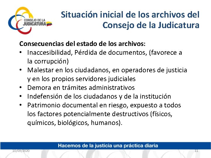 Situación inicial de los archivos del Consejo de la Judicatura Consecuencias del estado de