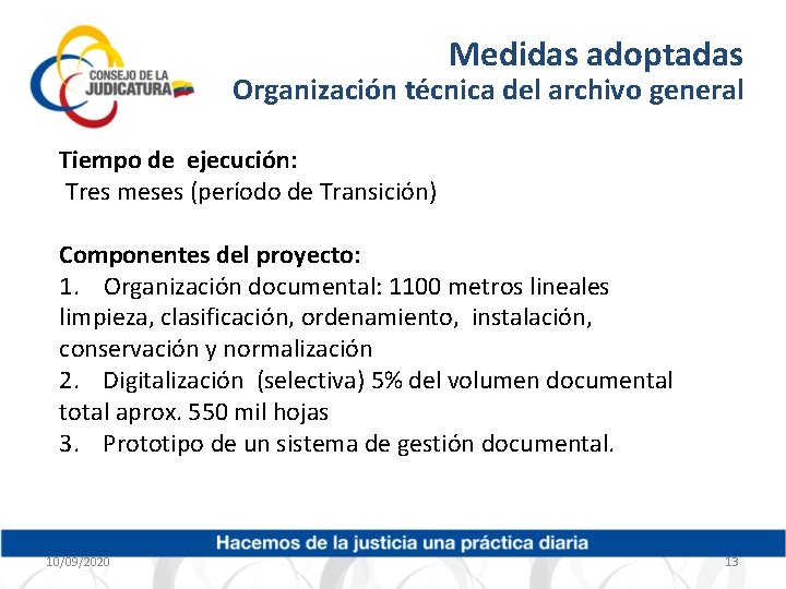 Medidas adoptadas Organización técnica del archivo general Tiempo de ejecución: Tres meses (período de
