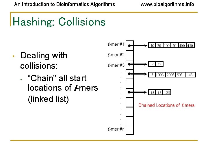 An Introduction to Bioinformatics Algorithms Hashing: Collisions • Dealing with collisions: • “Chain” all