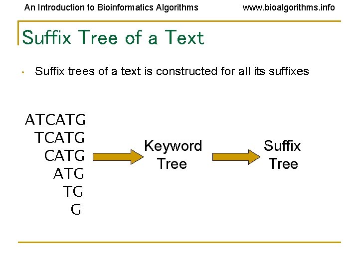 An Introduction to Bioinformatics Algorithms www. bioalgorithms. info Suffix Tree of a Text •