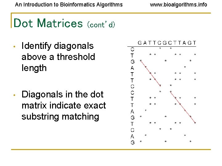 An Introduction to Bioinformatics Algorithms Dot Matrices (cont’d) • Identify diagonals above a threshold