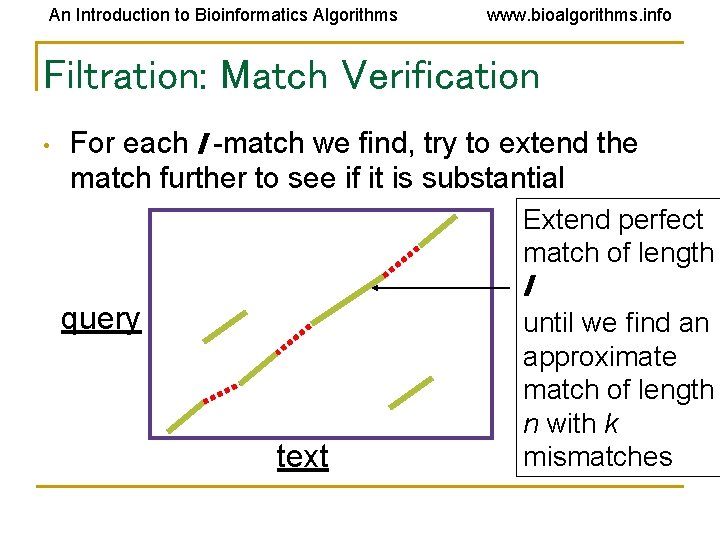 An Introduction to Bioinformatics Algorithms www. bioalgorithms. info Filtration: Match Verification • For each