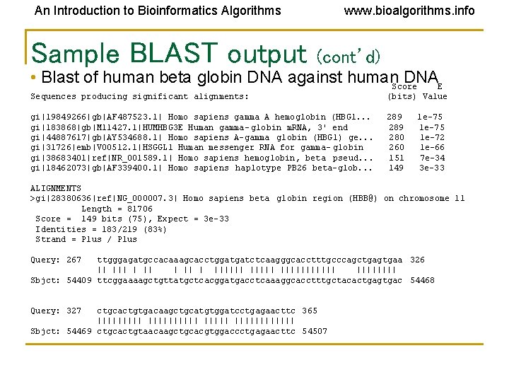 An Introduction to Bioinformatics Algorithms Sample BLAST output www. bioalgorithms. info (cont’d) • Blast