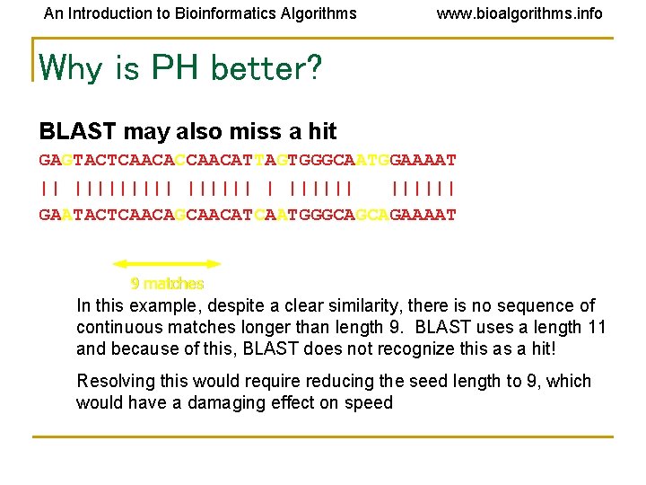 An Introduction to Bioinformatics Algorithms www. bioalgorithms. info Why is PH better? BLAST may