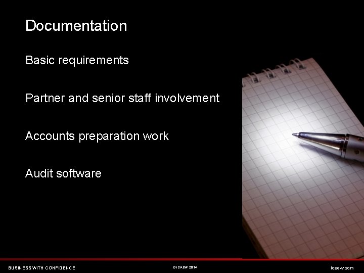 Documentation Basic requirements Partner and senior staff involvement Accounts preparation work Audit software BUSINESS