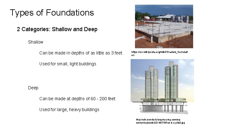 Types of Foundations 2 Categories: Shallow and Deep Shallow Can be made in depths