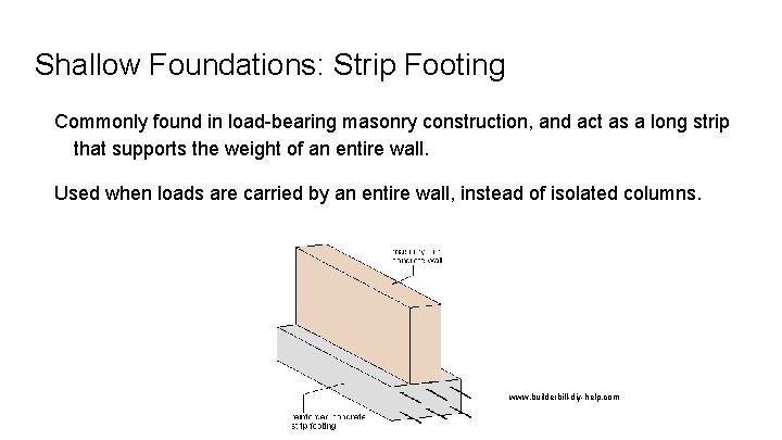 Shallow Foundations: Strip Footing Commonly found in load-bearing masonry construction, and act as a