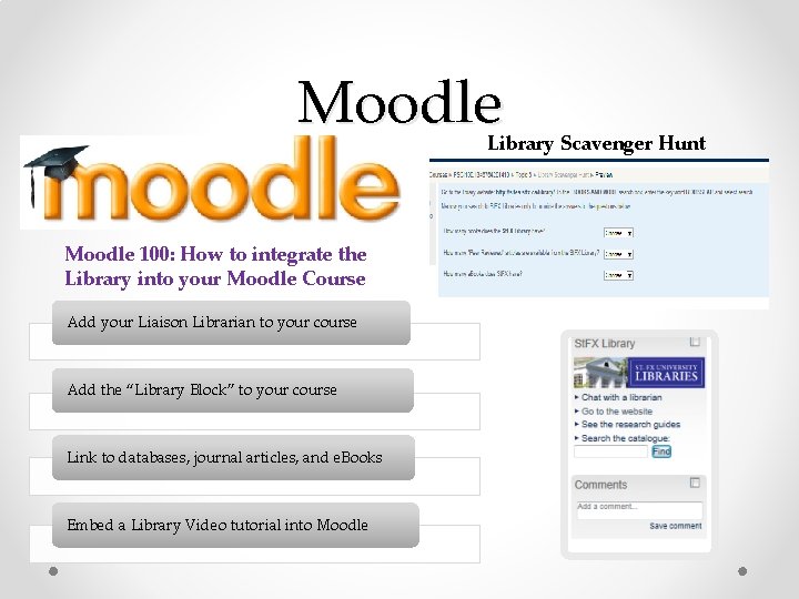 Moodle Library Scavenger Hunt Moodle 100: How to integrate the Library into your Moodle