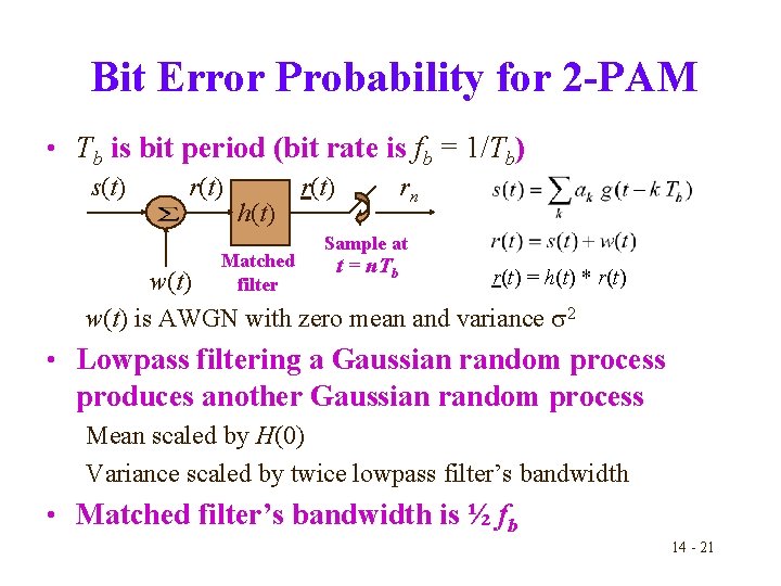 Bit Error Probability for 2 -PAM • Tb is bit period (bit rate is