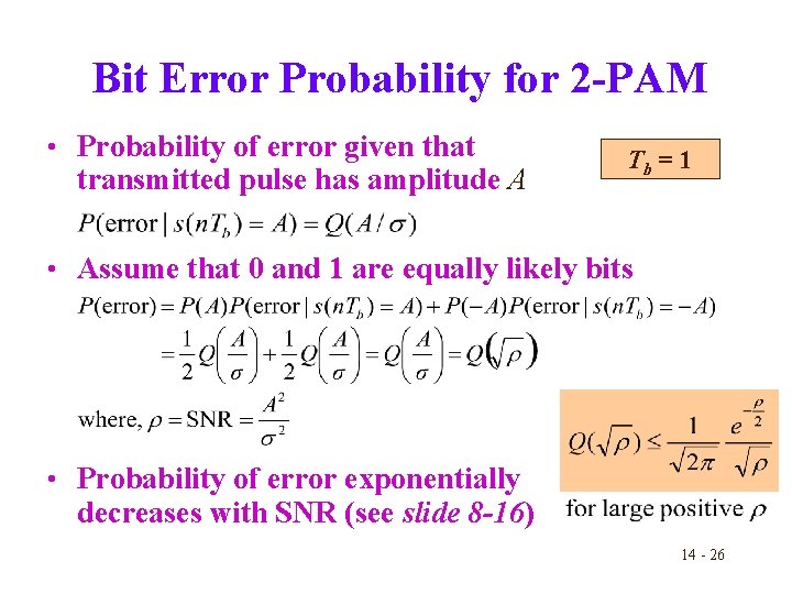 Bit Error Probability for 2 -PAM • Probability of error given that transmitted pulse