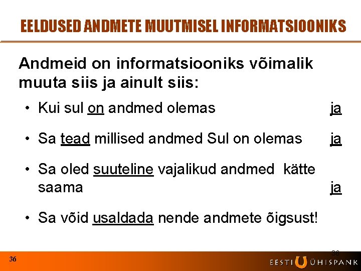 EELDUSED ANDMETE MUUTMISEL INFORMATSIOONIKS Andmeid on informatsiooniks võimalik muuta siis ja ainult siis: •