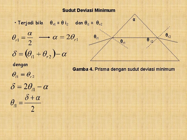 Sudut Deviasi Minimum • Terjadi bila θr 1 = θ i 2 θi 1