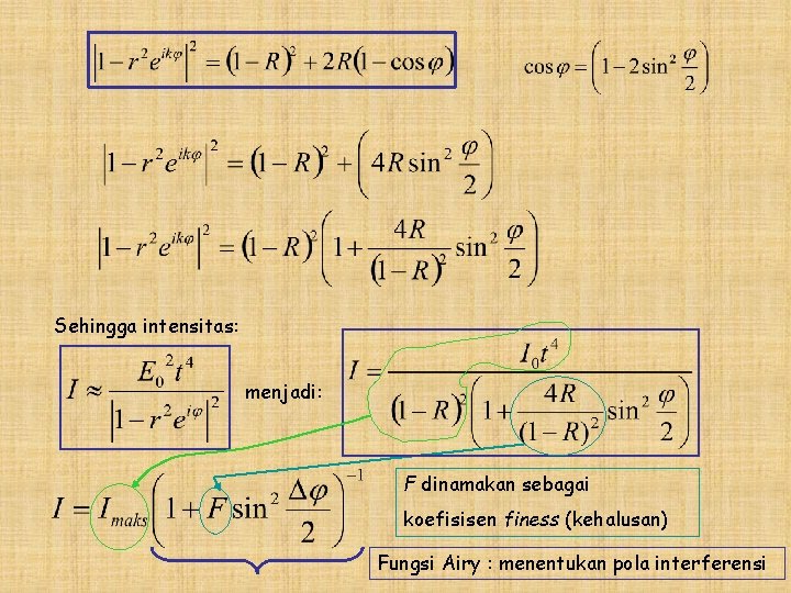 Sehingga intensitas: menjadi: F dinamakan sebagai koefisisen finess (kehalusan) Fungsi Airy : menentukan pola