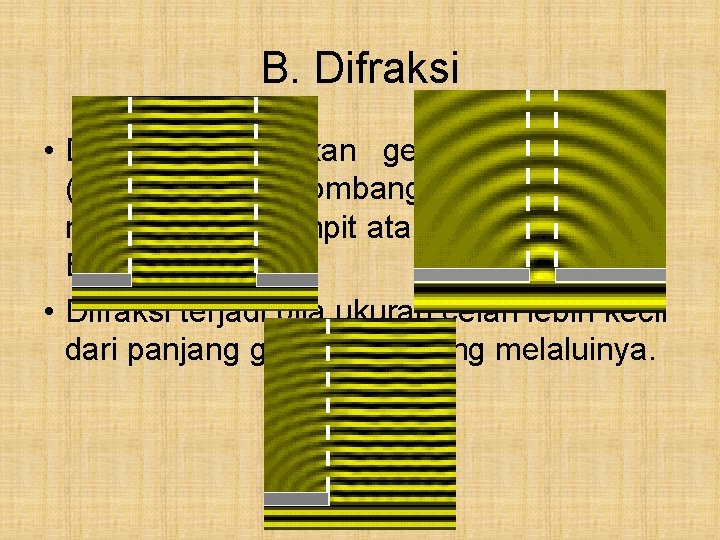 B. Difraksi • Difraksi merupakan gejala pembelokan (penyebaran) gelombang ketika menjalar melalui celah sempit