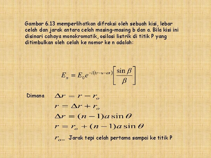 Gambar 6. 13 memperlihatkan difraksi oleh sebuah kisi, lebar celah dan jarak antara celah