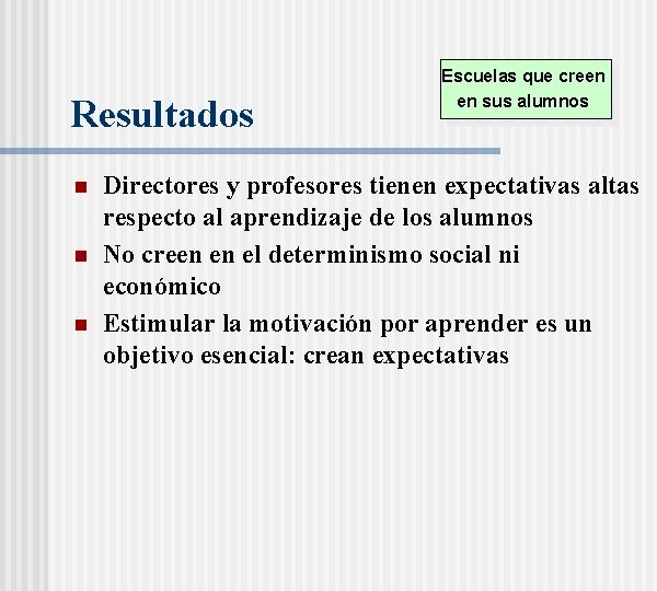 Resultados n n n Escuelas que creen en sus alumnos Directores y profesores tienen