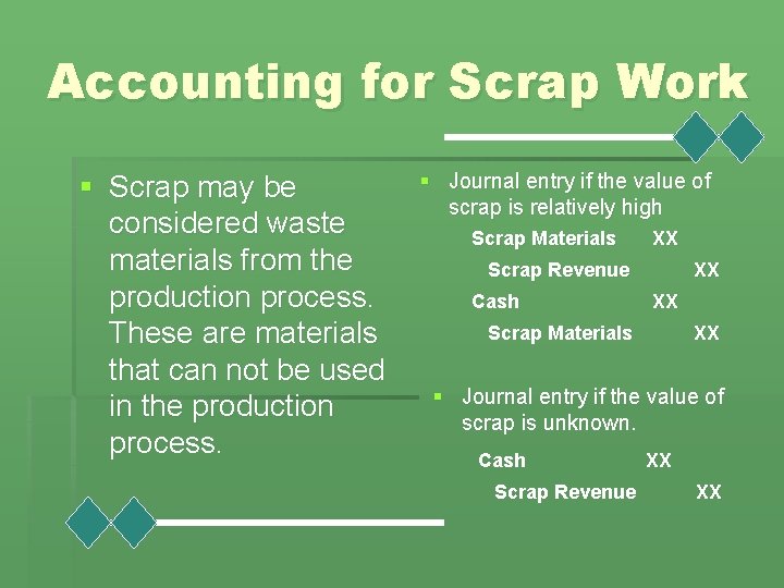 Accounting for Scrap Work § Scrap may be considered waste materials from the production