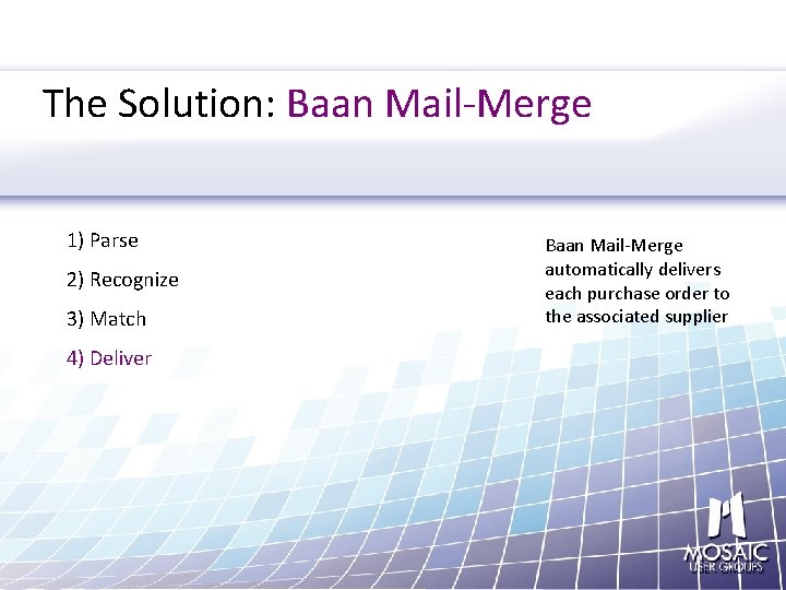 The Solution: Baan Mail-Merge 1) Parse 2) Recognize 3) Match 4) Deliver Baan Mail-Merge