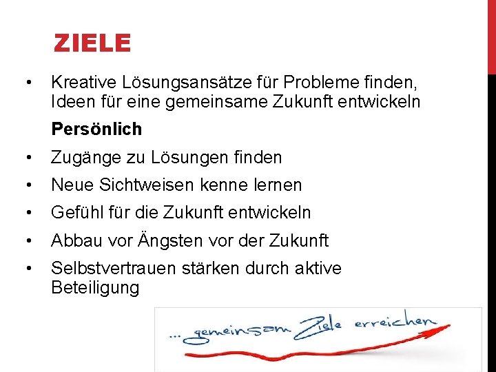 ZIELE • Kreative Lösungsansätze für Probleme finden, Ideen für eine gemeinsame Zukunft entwickeln Persönlich