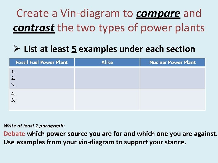 Create a Vin-diagram to compare and contrast the two types of power plants Ø Create a Vin-diagram to compare and contrast the two types of power plants Ø
