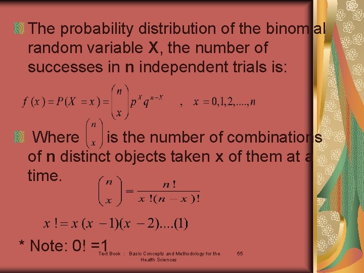 The probability distribution of the binomial random variable X, the number of successes in