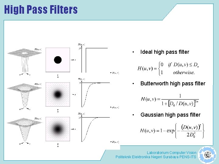 High Pass Filters • Ideal high pass filter • Butterworth high pass filter •