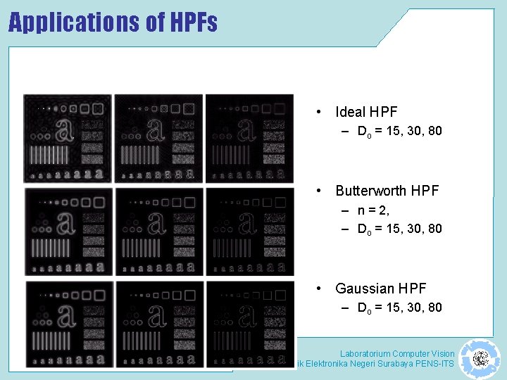 Applications of HPFs • Ideal HPF – Do = 15, 30, 80 • Butterworth