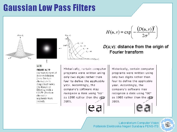Gaussian Low Pass Filters D(u, v): distance from the origin of Fourier transform Laboratorium