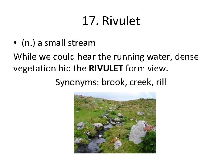 17. Rivulet • (n. ) a small stream While we could hear the running