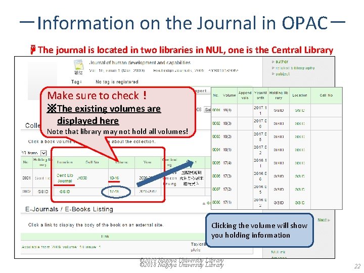 －Information on the Journal in OPAC－ ☟The journal is located in two libraries in