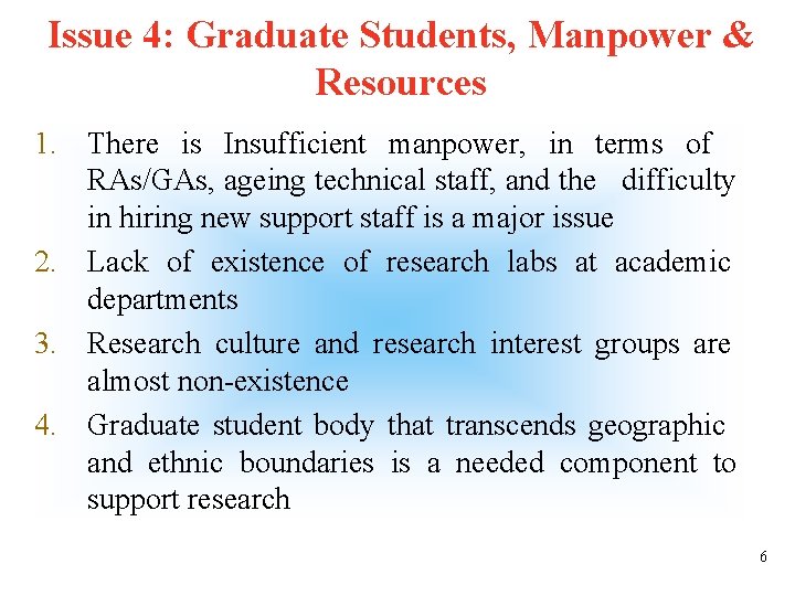 Issue 4: Graduate Students, Manpower & Resources 1. There is Insufficient manpower, in terms