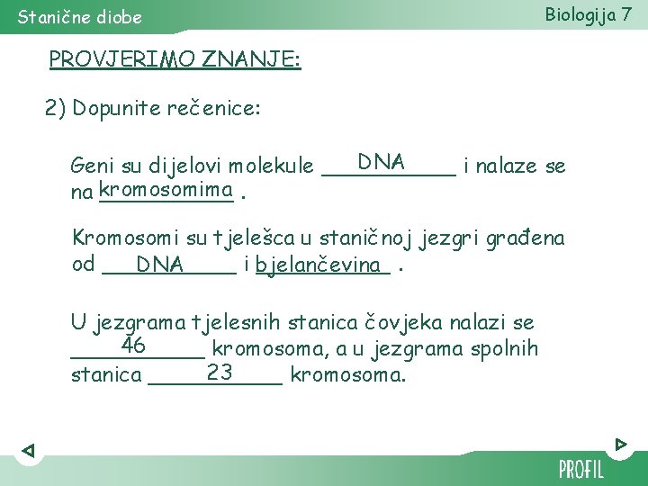 Stanične diobe Biologija 7 PROVJERIMO ZNANJE: 2) Dopunite rečenice: DNA Geni su dijelovi molekule