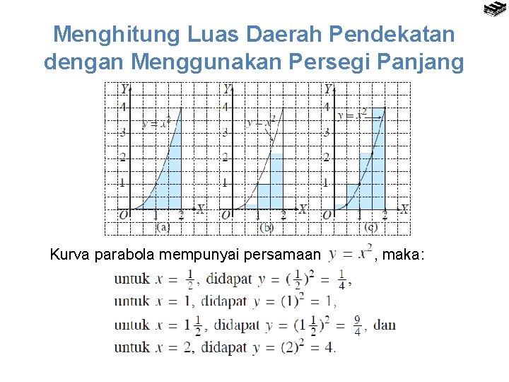 Menghitung Luas Daerah Pendekatan dengan Menggunakan Persegi Panjang Kurva parabola mempunyai persamaan , maka: